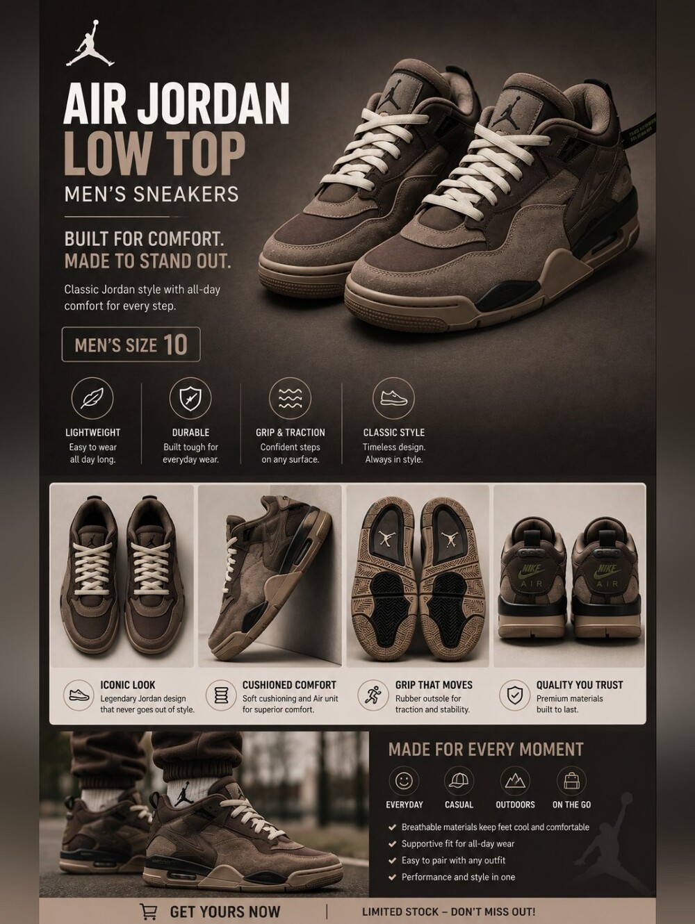 Jordan Men's Low Top Sneakers Brown Taupe